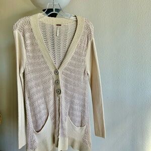 Free People Cream / Pink Open-Weave Button Front Cardigan